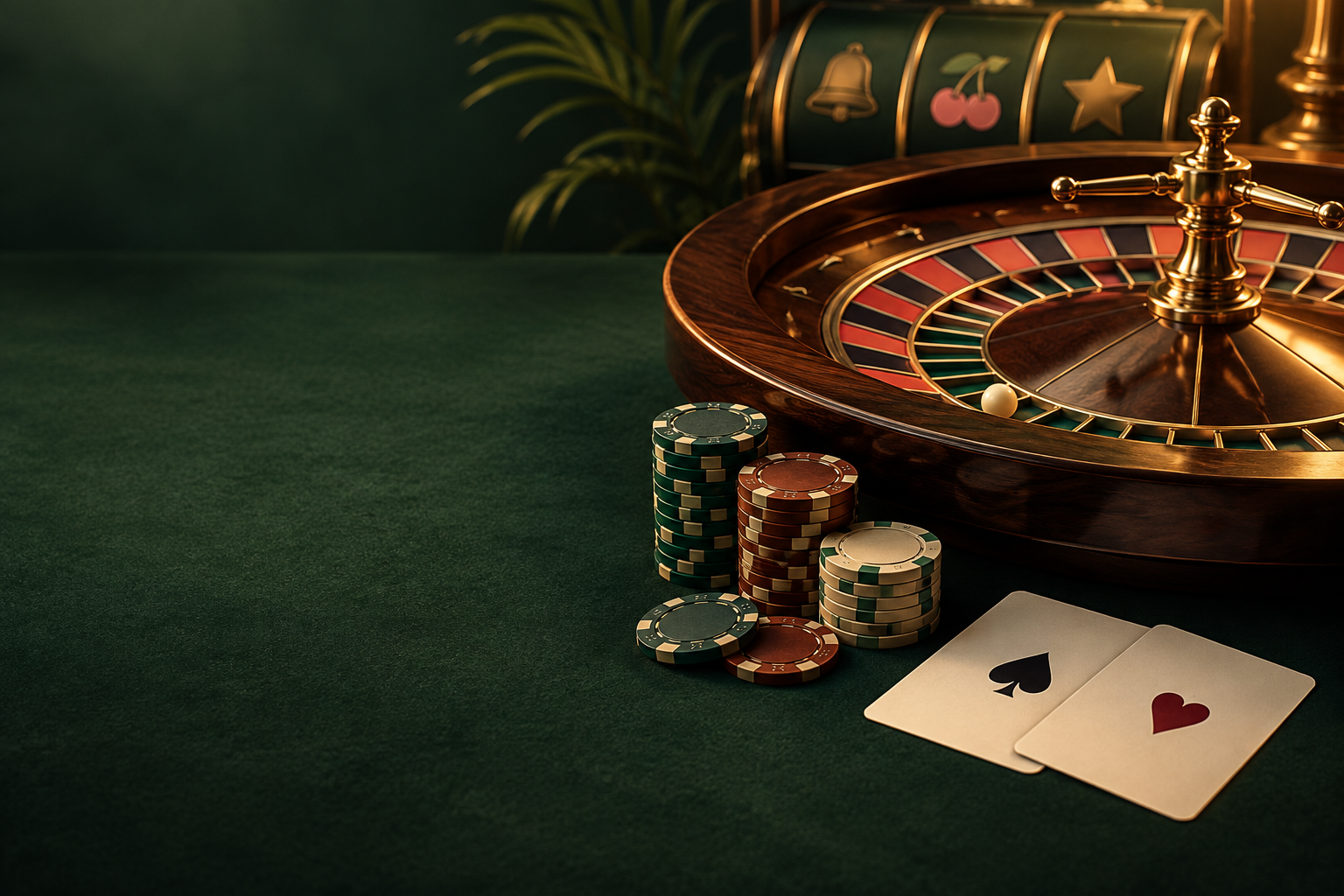 Roda roulette dengan keping dan kartu di meja kasino bernuansa tembaga
